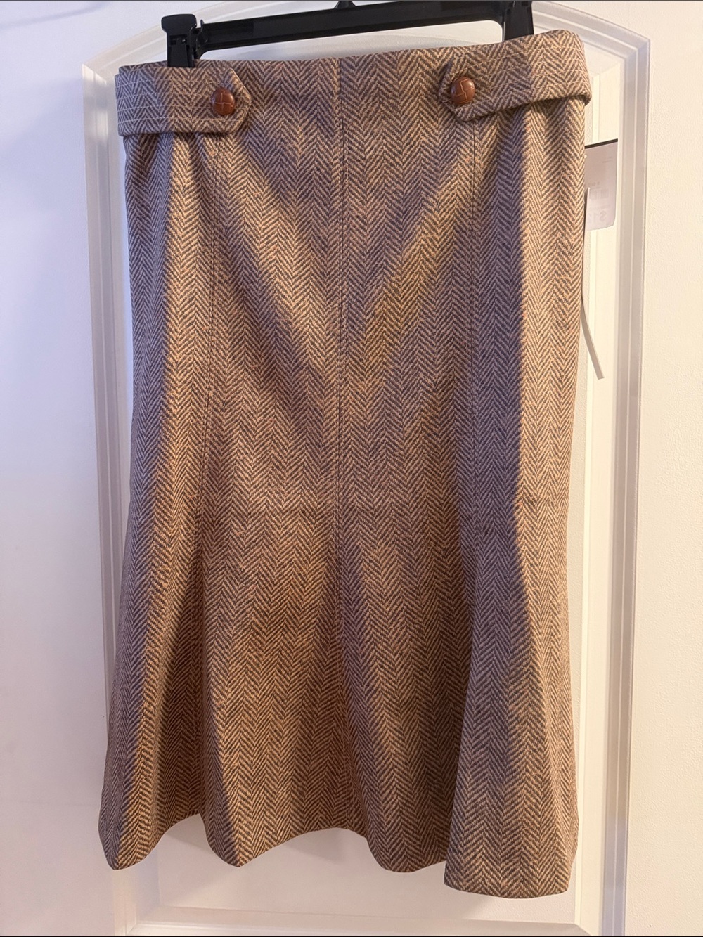 Tailored Tan Herringbone A-Line Skirt with Button Waist - Picture 3 of 6